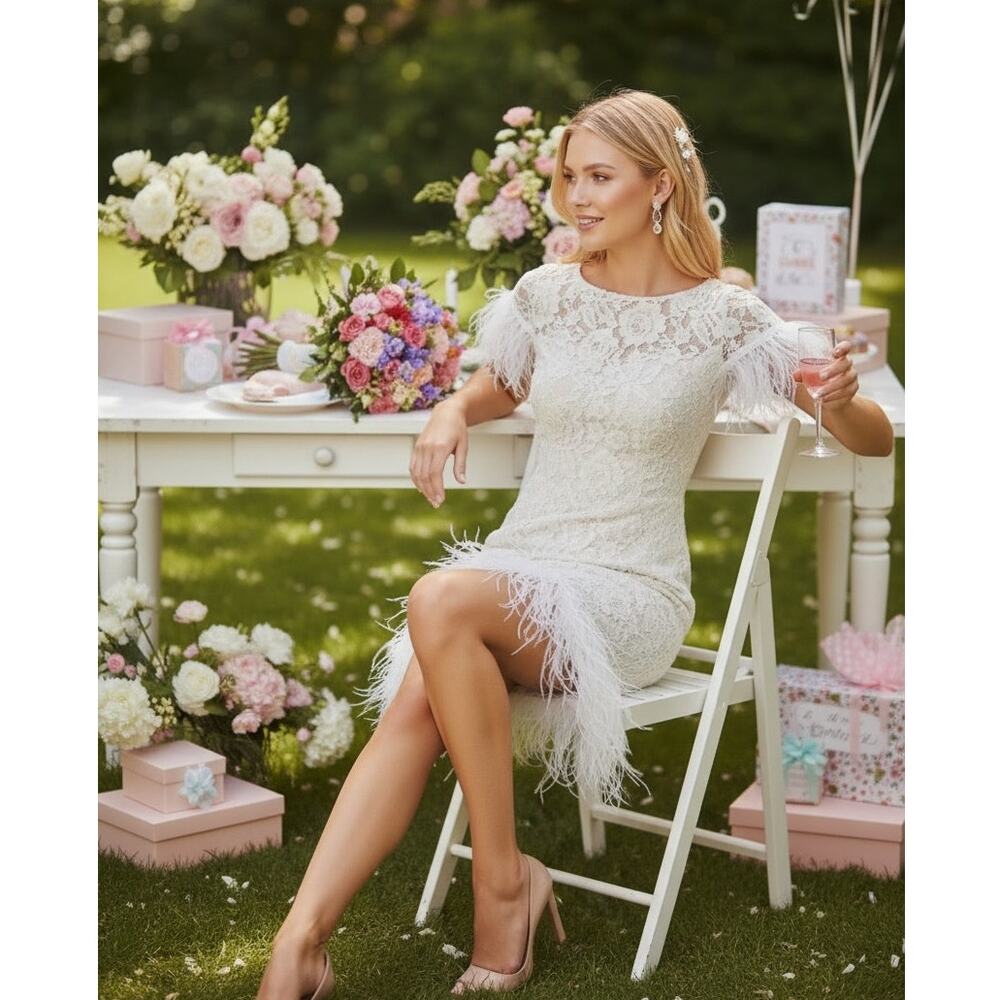 NWT AIDAN MATTOX DRESS WHITE LACE BRIDE BRIDAL WEDDING FRINGE FEATHER REHEARSAL